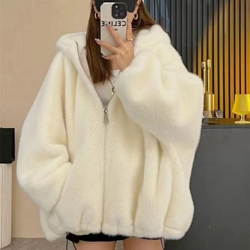Women Faux Fur Jackets Hooded Coat Thick Warm Fluffy Shaggy Outerwear Hoodie Overcoat Female Autumn Winter 2026 Streetwear