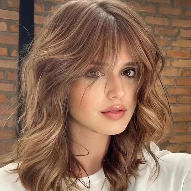 Short Auburn Brown with Blonde Highlight Wigs 100% Human Hair Lace Front Wigs