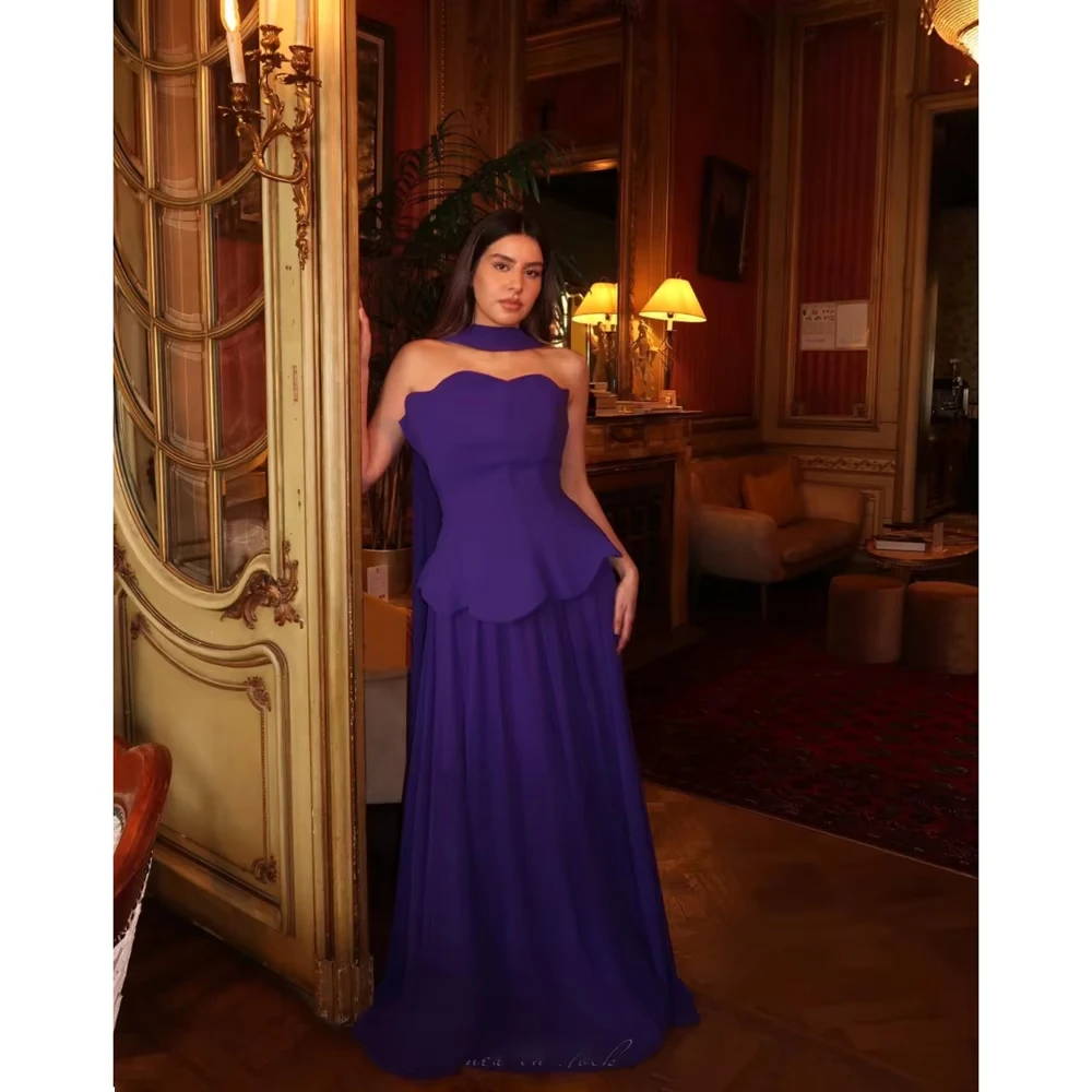 

Customized Long Strapless Evening Dresses Purple A-Line Chiffon فساتين السهرة Pleated Floor Length Prom Dress for Women 2025