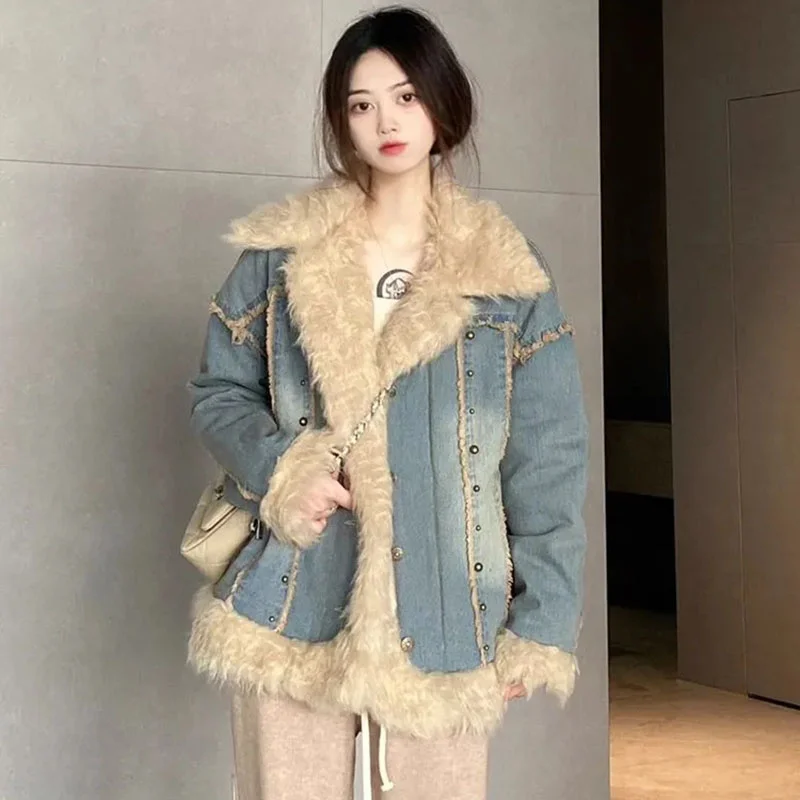 Retro Denim Jacket Women's Wool Collar Winter Cotton Clip Thick Cotton Jacket Versatile Loose Fitting Student Cardigan Top Blue