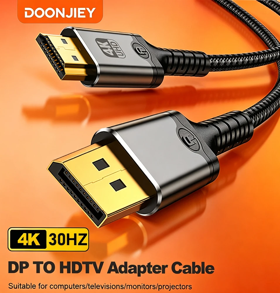 DOONJIEY 4K DP to HDMI 2.0 Compatible Cable 4K30Hz DisplayPort to HD Adapter Display Port Video Audio for PC TV Projector Laptop