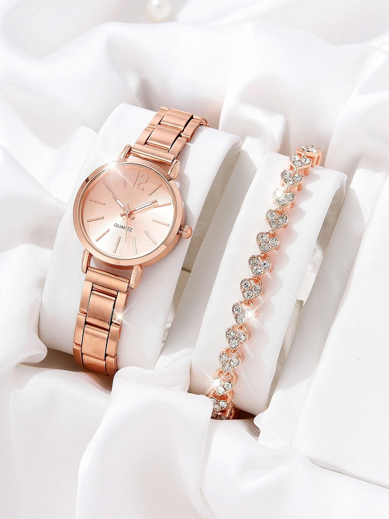 6PCS stylish compact alloy Rose Gold women's graduated quartz watch with diamond bracelet Necklace Earrings Ring jewelry set