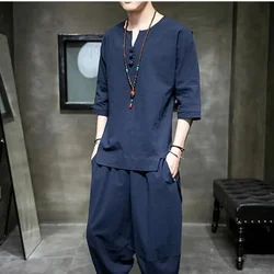 Japanese Style Suits Kimono Short-Sleeved T-shirt Pants Two Piece Men Tops Trousers Male Japan Harajuku Yukata Cardigan Costume