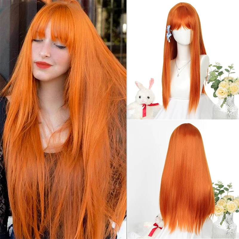 WEIRD Orange Synthetic Wigs Long Straight Wigs With Bangs For Women  Cosplay Party Daily Use Natural Hair