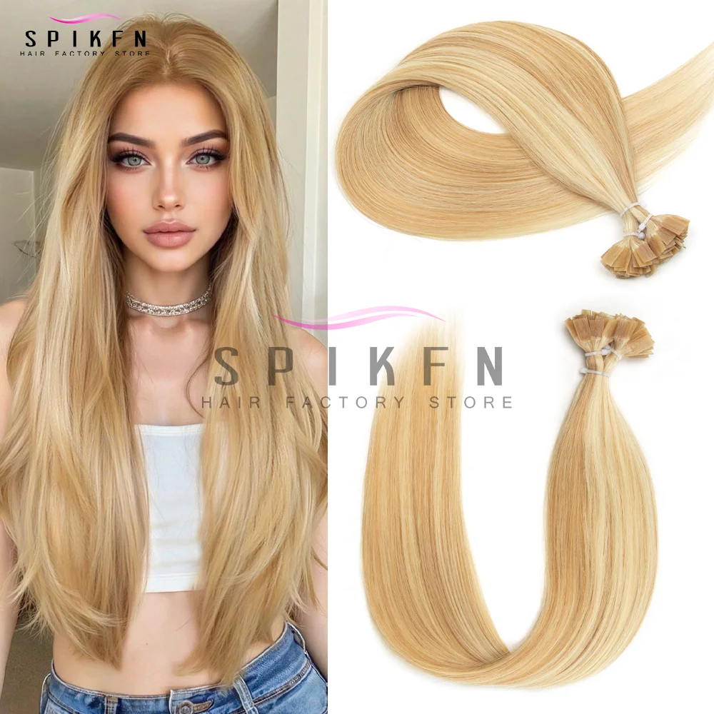SPIKFN 스트레이트 케라틴 플랫 팁 인모 연장 천연 스트레이트 핫 퓨전 헤어 50개/팩 퓨전 프리 본디드 인모