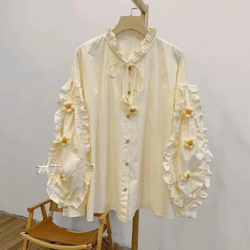 

Новая женская французская элегантная ретро-блузка с 3D цветочным декором, рукавами-фонариками, свободного кроя, повседневная модная рубашка для лета