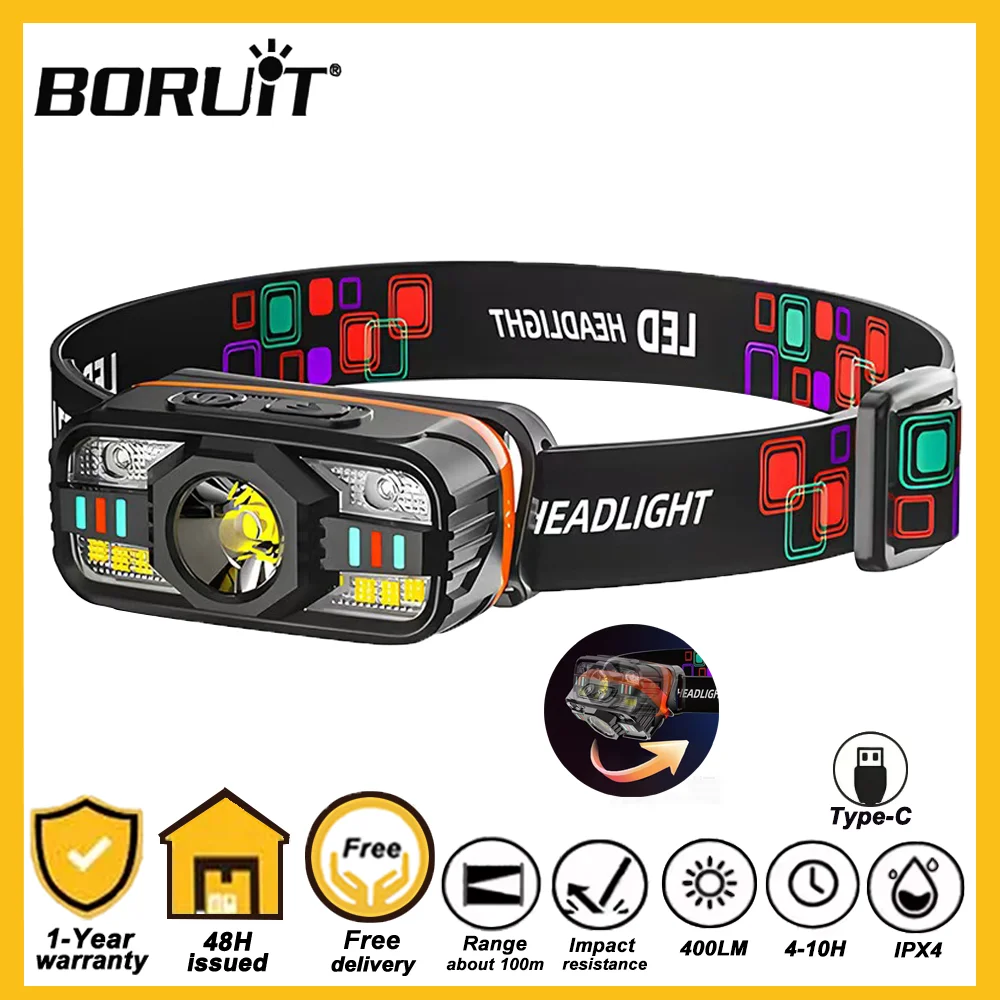 BORUiT Sensor LED Headlamp 90° Rotatable Type-C Rechargeable Waterproof Headlight Powerful Torch for Fishing Camping Work