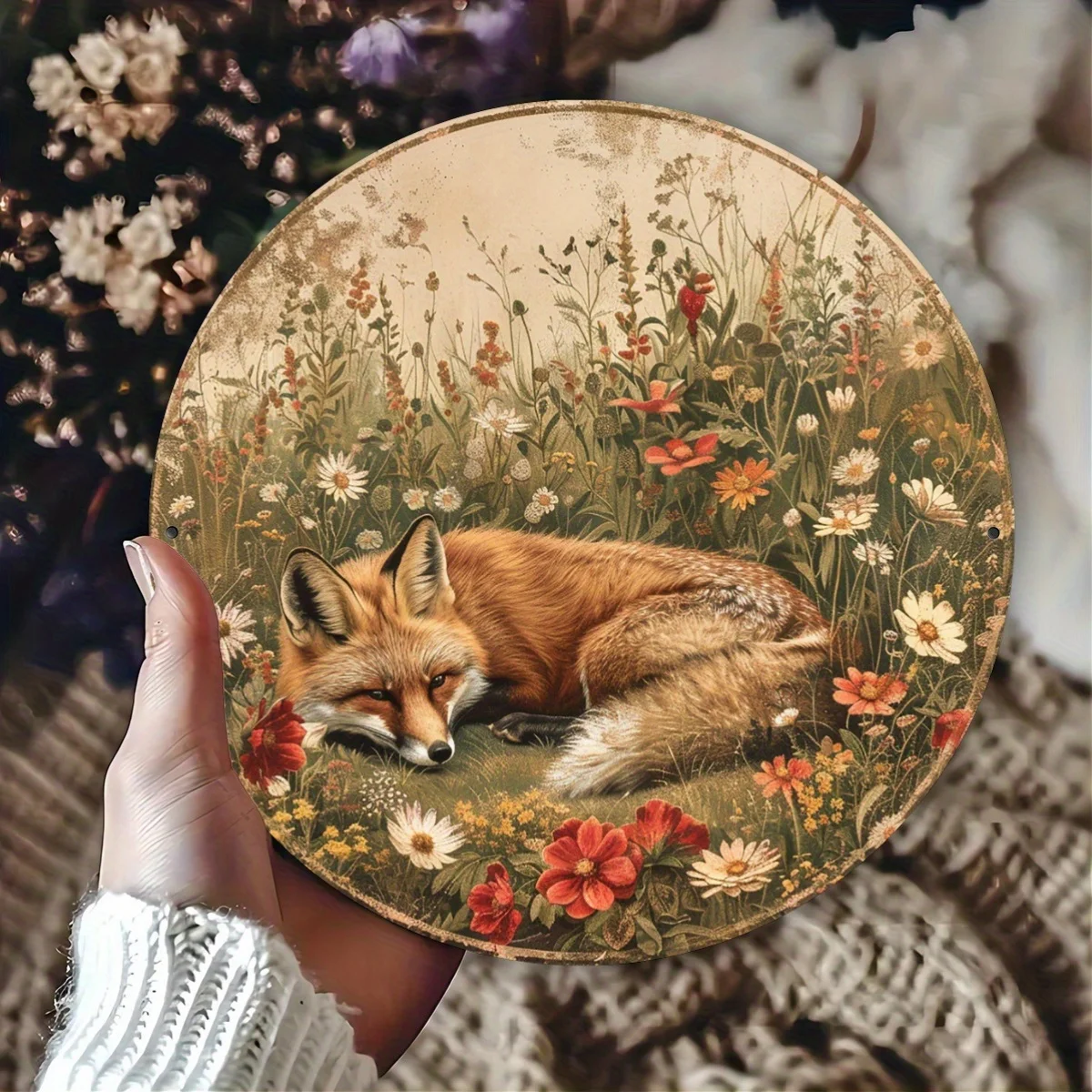 Aluminium-Metallschild, 20,3 x 20,3 cm rund, Vintage-Fuchs im floralen Wiese-Design, 2D-gedruckt, für Zuhause, Küche, Garten, Bürodekoration, I