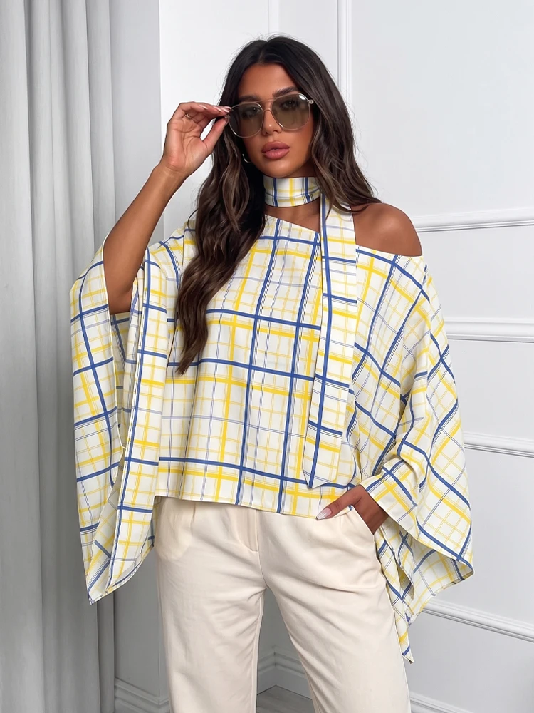 Blouse Off Shoulder - HH Atasan Wanita Vintage Motif Kotak-kotak
