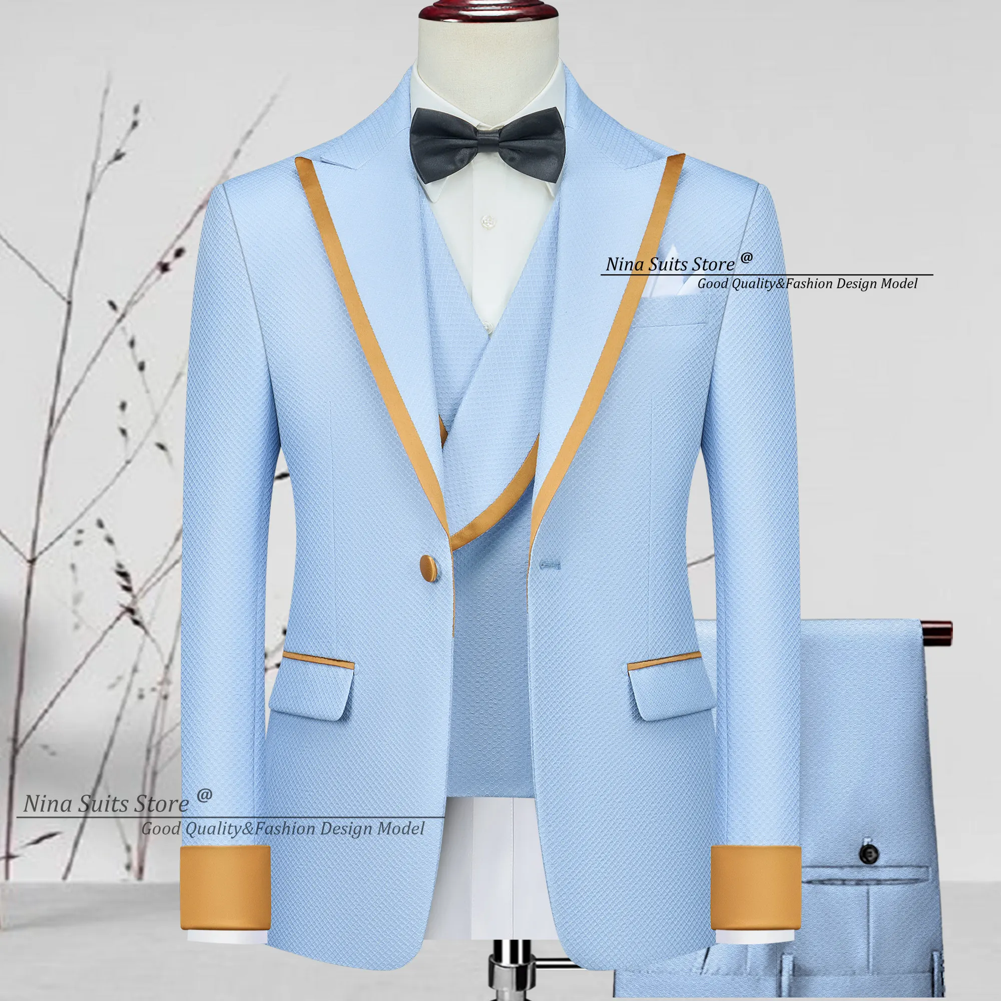 

Nina Store 2025 Custom Made Men's 3-Piece Party Costume Sky Blue Honeycomb Jacquard Suit Gold Detail Single Breasted Tuxedo