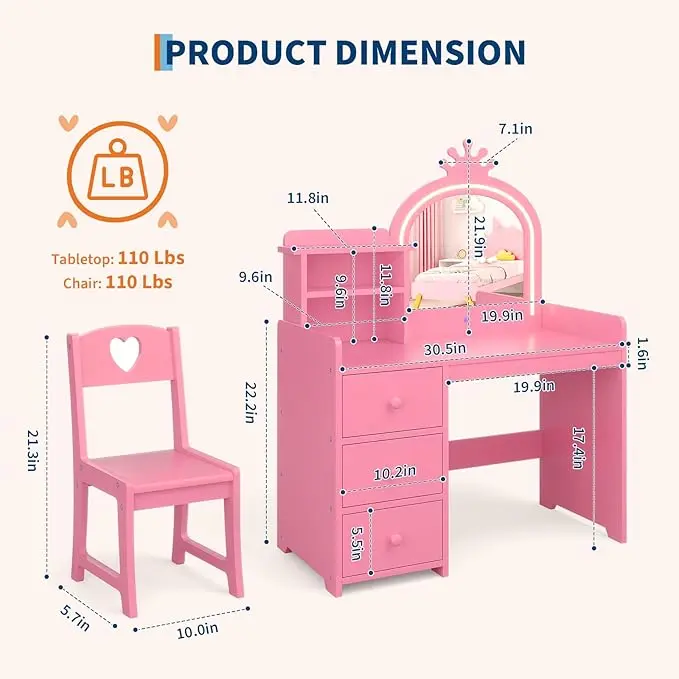 Kinderkaptafel met spiegel en verlichting, wit prinsessen houten make-uptafel, opbergplanken en laden, 2-in-1 meisjes kaptafel