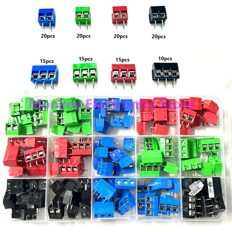 135pcs MG/GF/KF301-2P/3P Positions 5.0MM Screw Type PCB Terminal Block Splicable Blue Green Red Black Mixed Set