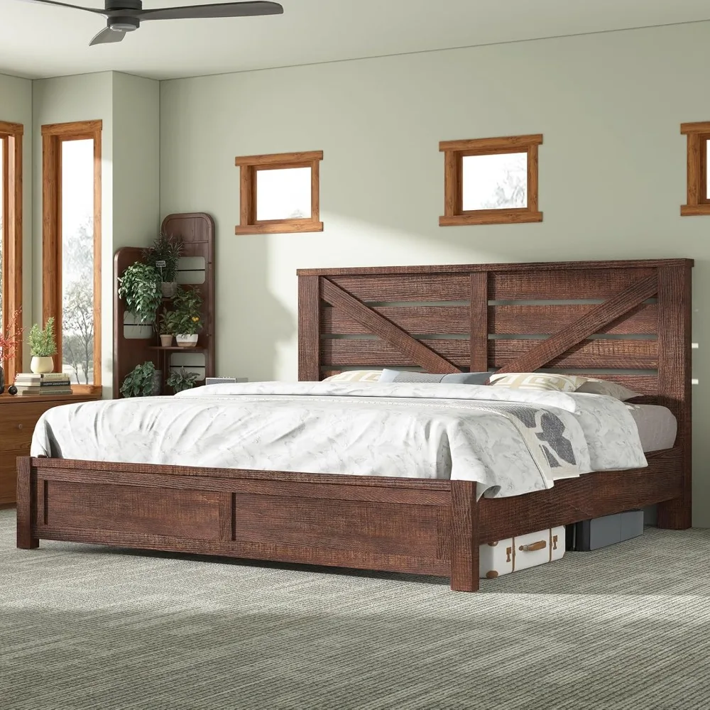 

King Size Farmhouse Bed Frame with 49.2 Inch Barn Door Headboard, Platform Bed Frame with Wood Slats, Under Bed Storage
