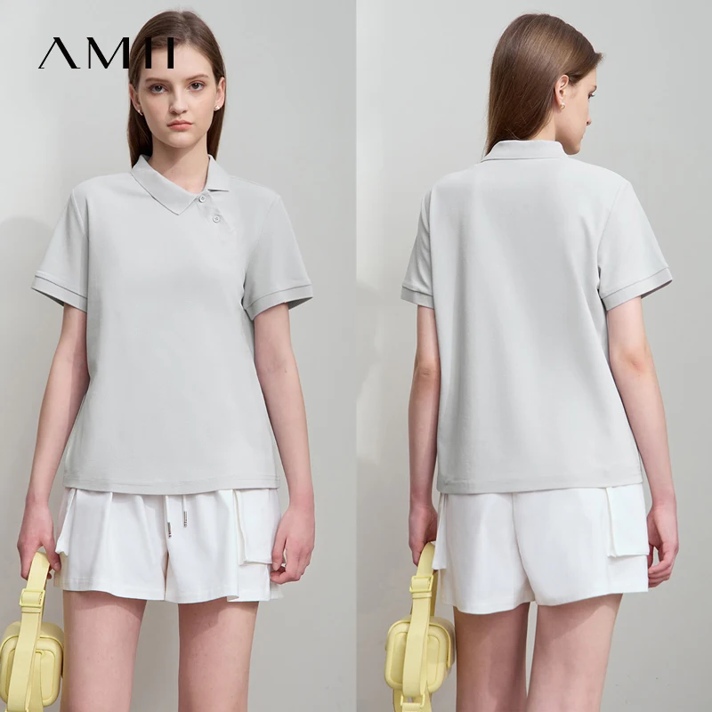 Amii-Camiseta informal minimalista para mujer, POLO recto asimétrico, ajustado, fresco y cómodo, novedad de verano 2025, camisetas deportivas, Tops 12552109