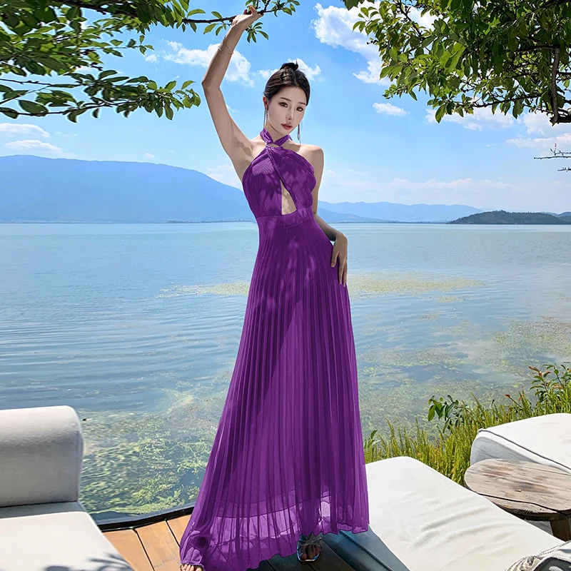 Robe Longue Plissée en Mousseline de Soie pour Femme, Tenue Française Sexy, Violet, Dos aux, Style Boho, pour Vacances, Été