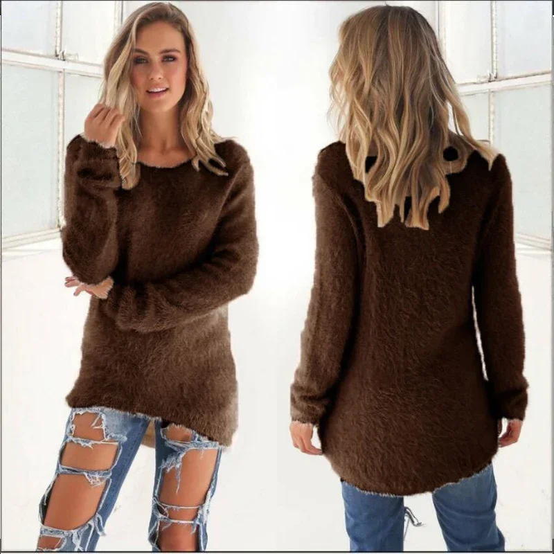 Women Warm Sweater Solid Color O Neck Loose Cotton Knitted Pullover Long Sweater Casual Oversize Blouse Ladies Hipster Clothing