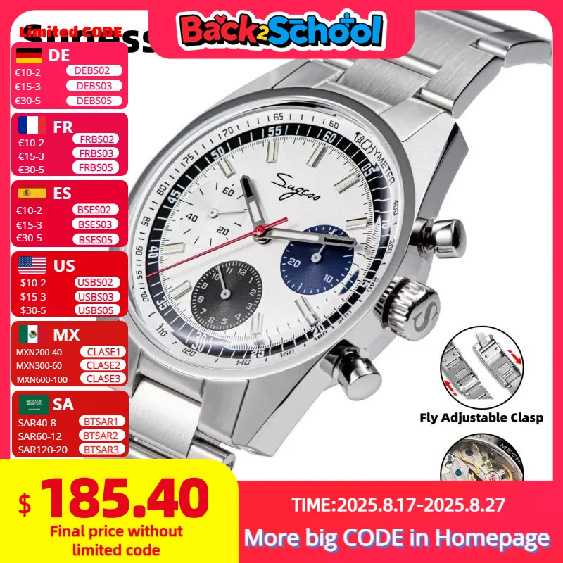 Sugess Watch 38mm cronografo orologi da uomo Original ST1902 Swanneck Movement orologi da polso meccanici impermeabili zaffiro a cupola