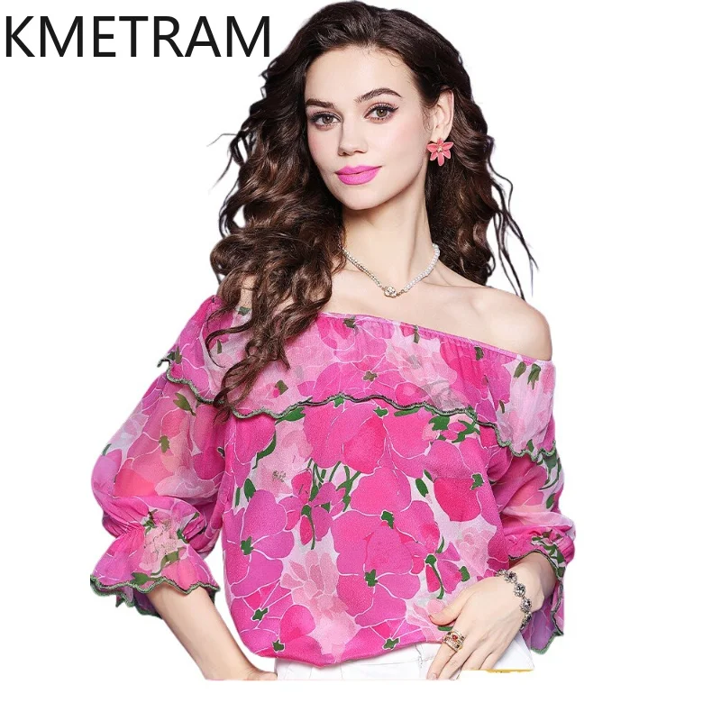 KMETRAM 100% Mulberry Silk Tops for Women 2026 Summer Stylish Print Ruffled Hem Slash Neck Half-sleeve T-Shirts Roupas Femininas