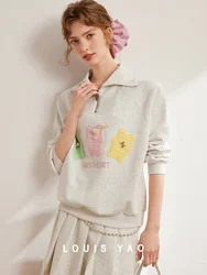 LOUIS YAO 2025 Spring Age Reducing Color Contrasting Patchwork Embroidered Hoodie Casual Half Zipper Collar Hoodie for Women