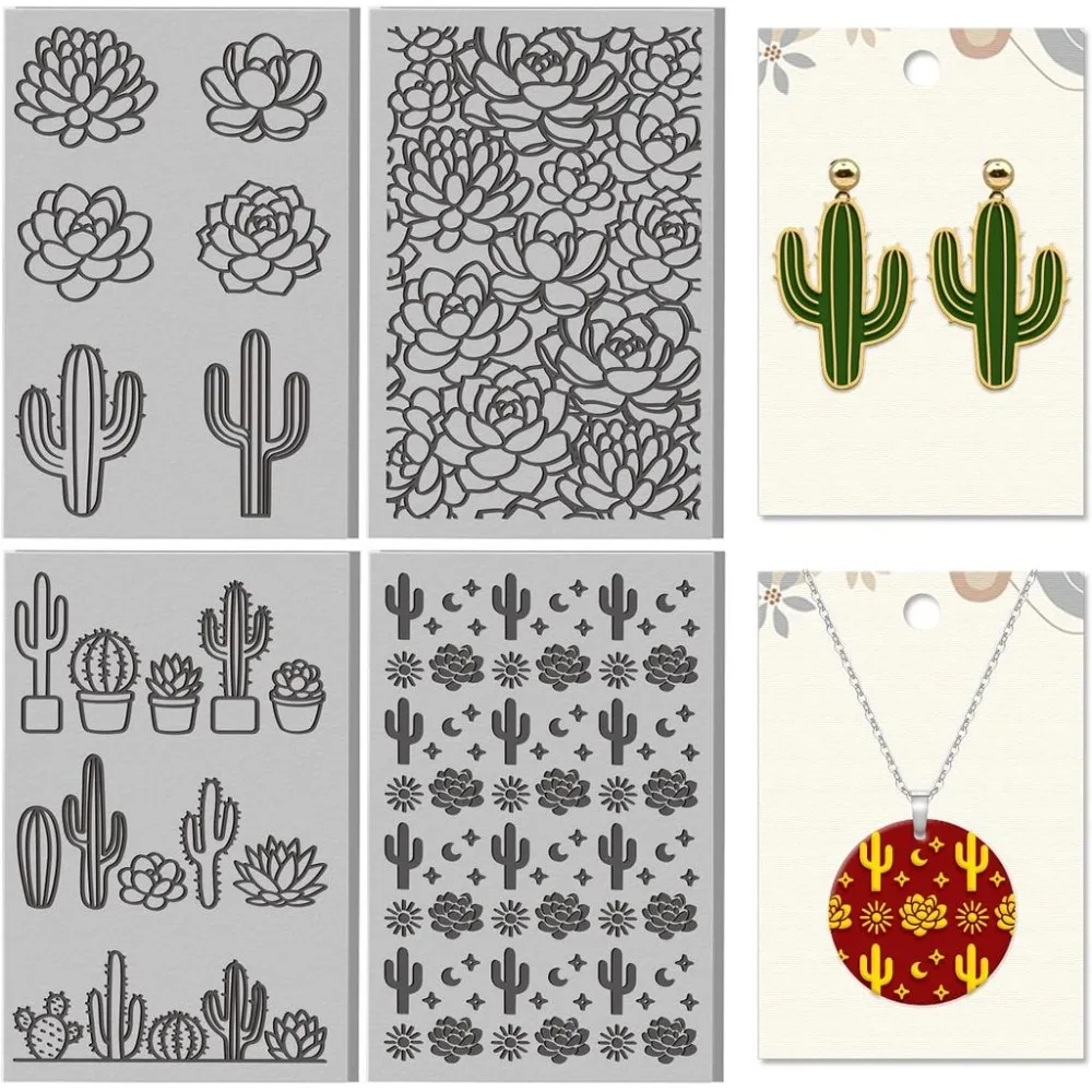 4 Sheets Succulents Clay Texture Mat Cacti Pattern Plants Polymer Clay Texture Sheets DIY Tools for Pottery Earring Jewelry