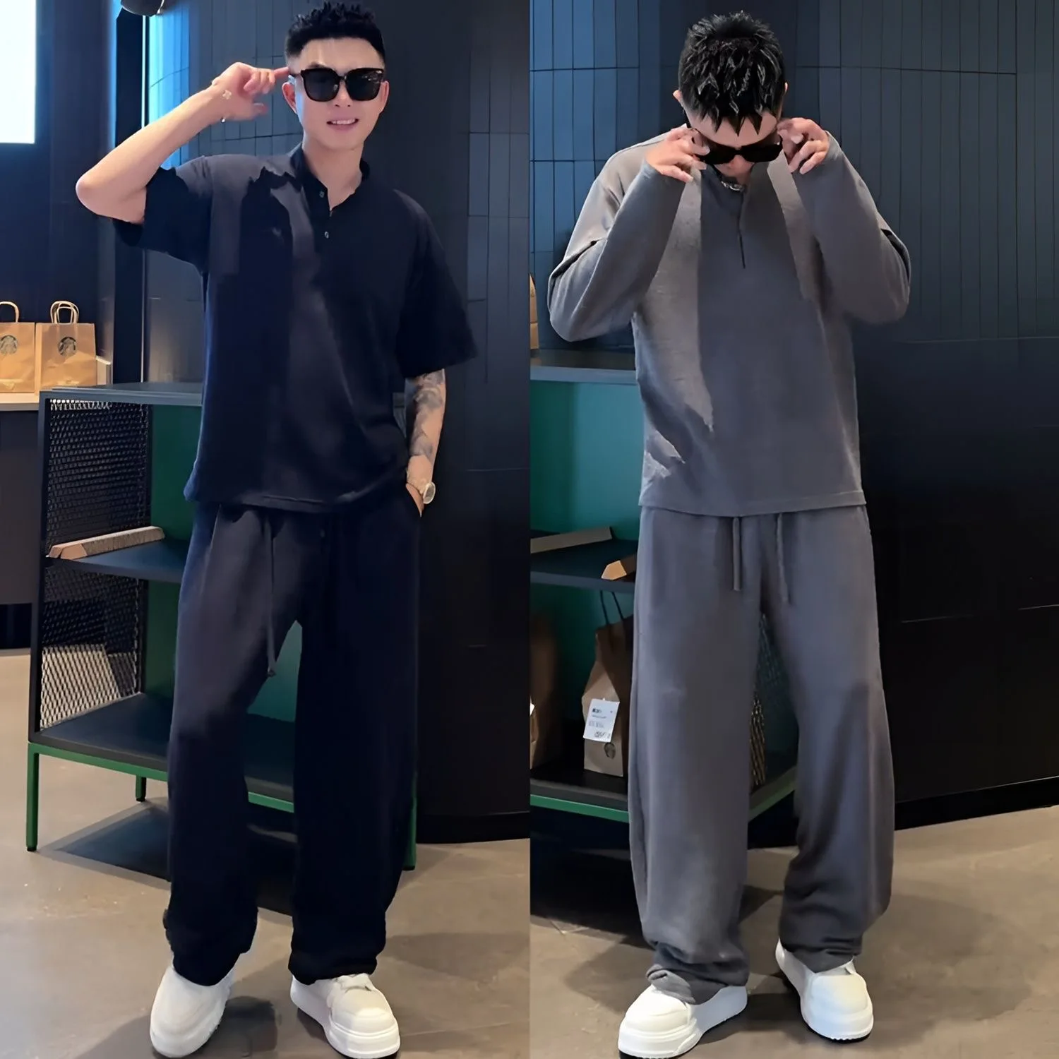 

YULE Luxury Comfortable Drapey Semi-Lightweight Breathable Fashion Set Henry Collar T-Shirt Long Pants Two-Piece Casual Sport...