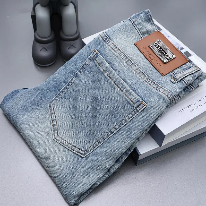 Zomer Dunne Borduurwerk Bedrukte Jeans Heren Nauwsluitende Kleine Straight2024new Heren Kleding Trend Casual Lange Broek