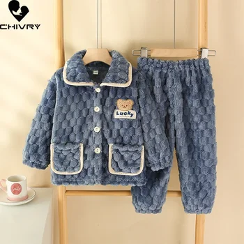 New Kids Jongens Meisjes Herfst Winter Flanel Dikker Pyjama Baby Cartoon Lange Mouw Revers Tops met Broek Slapen Kleding Sets