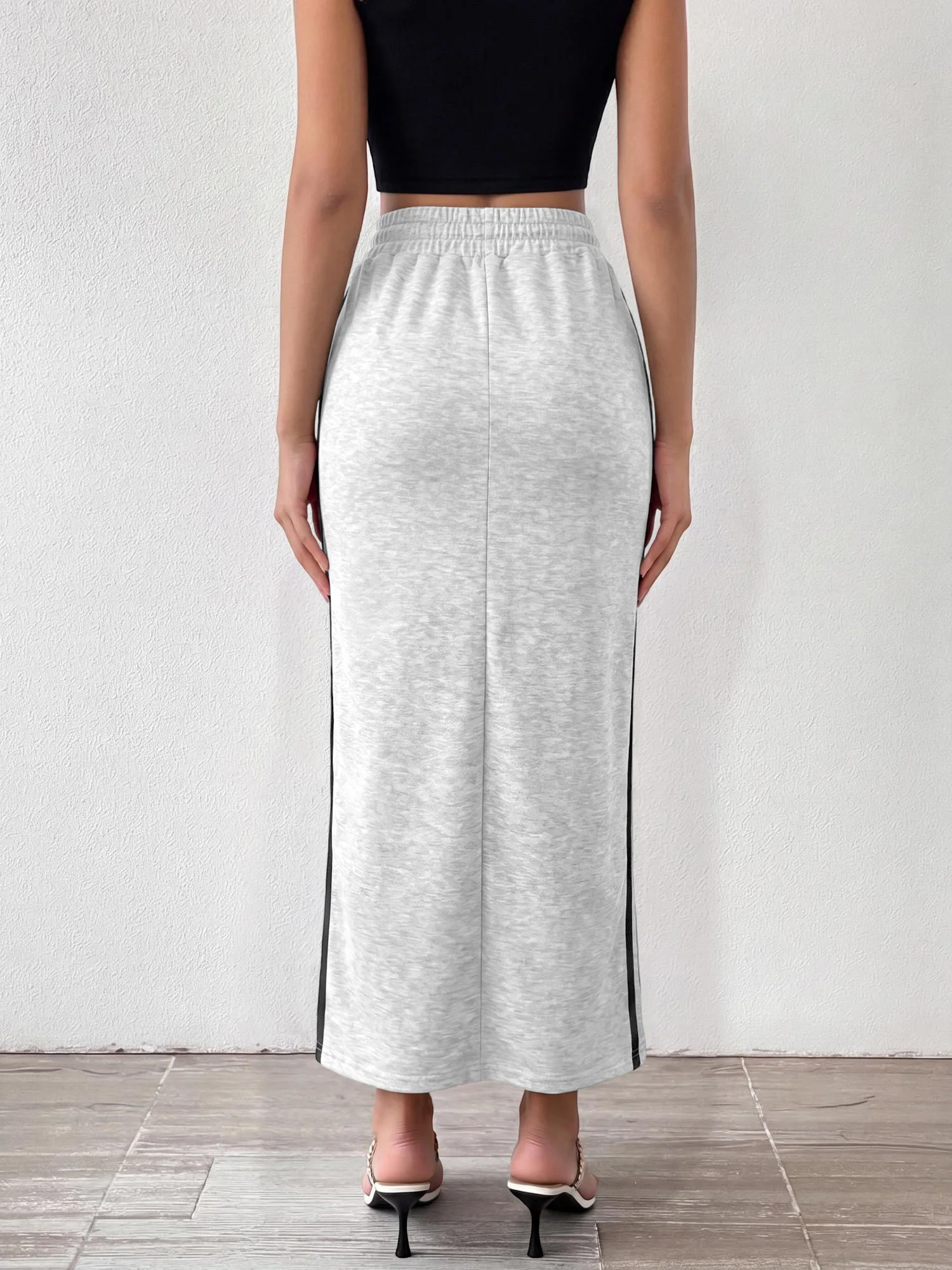 Simple Daily Commute Sweat Skirt Side Two Stripes Side Slit High Waist Soft Midi Length Skirt