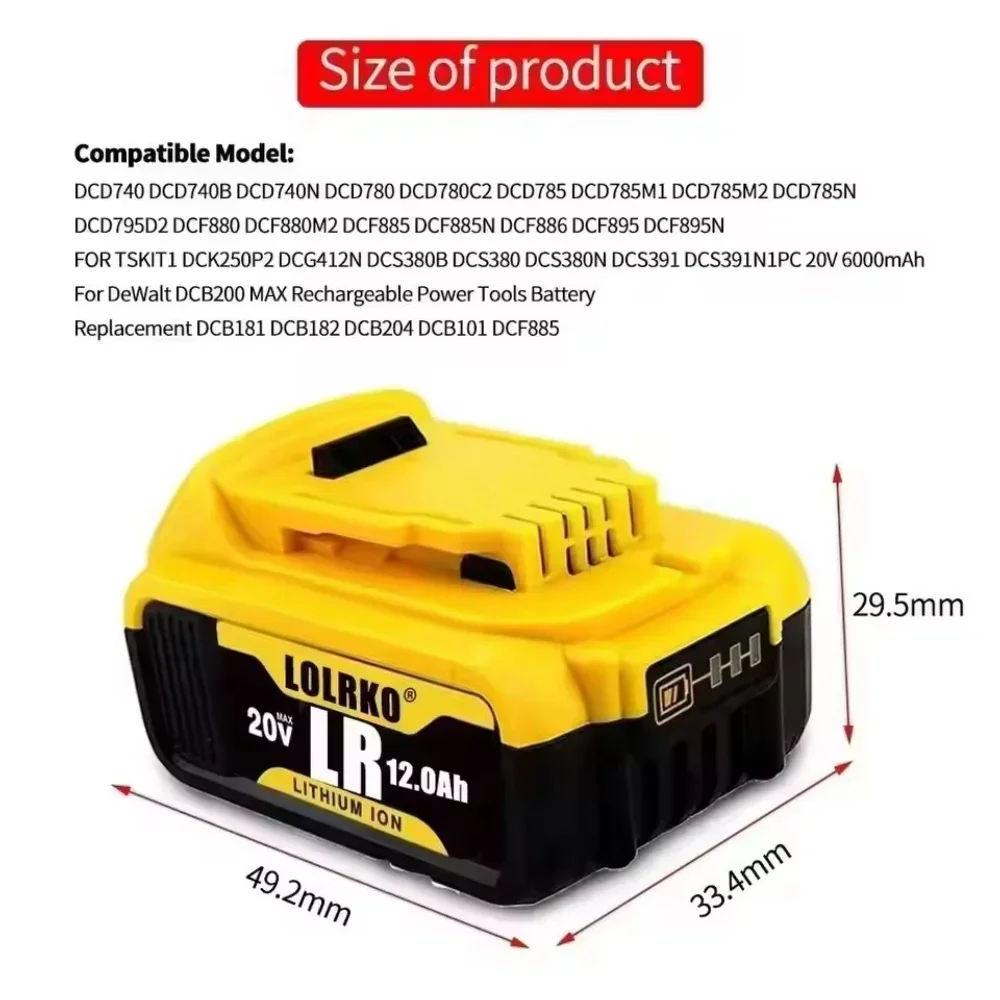 100% Original 20V 12Ah Battery compatible for DeWalt power Tools DCF887 DCG405 DCD791 DCF922 18V 20V Lithium battery