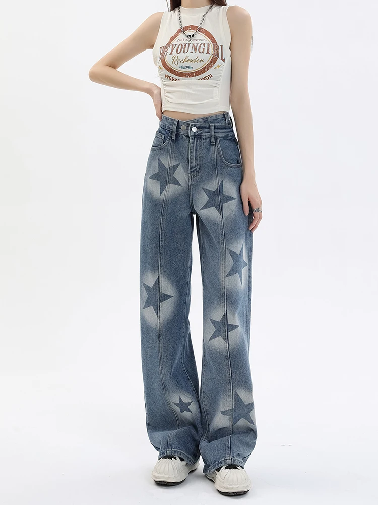 Tawaaiw American Retro Print Pentagon Stars Mom Jeans Women Baggy Boyfriend Jeans For Women Denim Straight Pants Y2k 2023 Summer