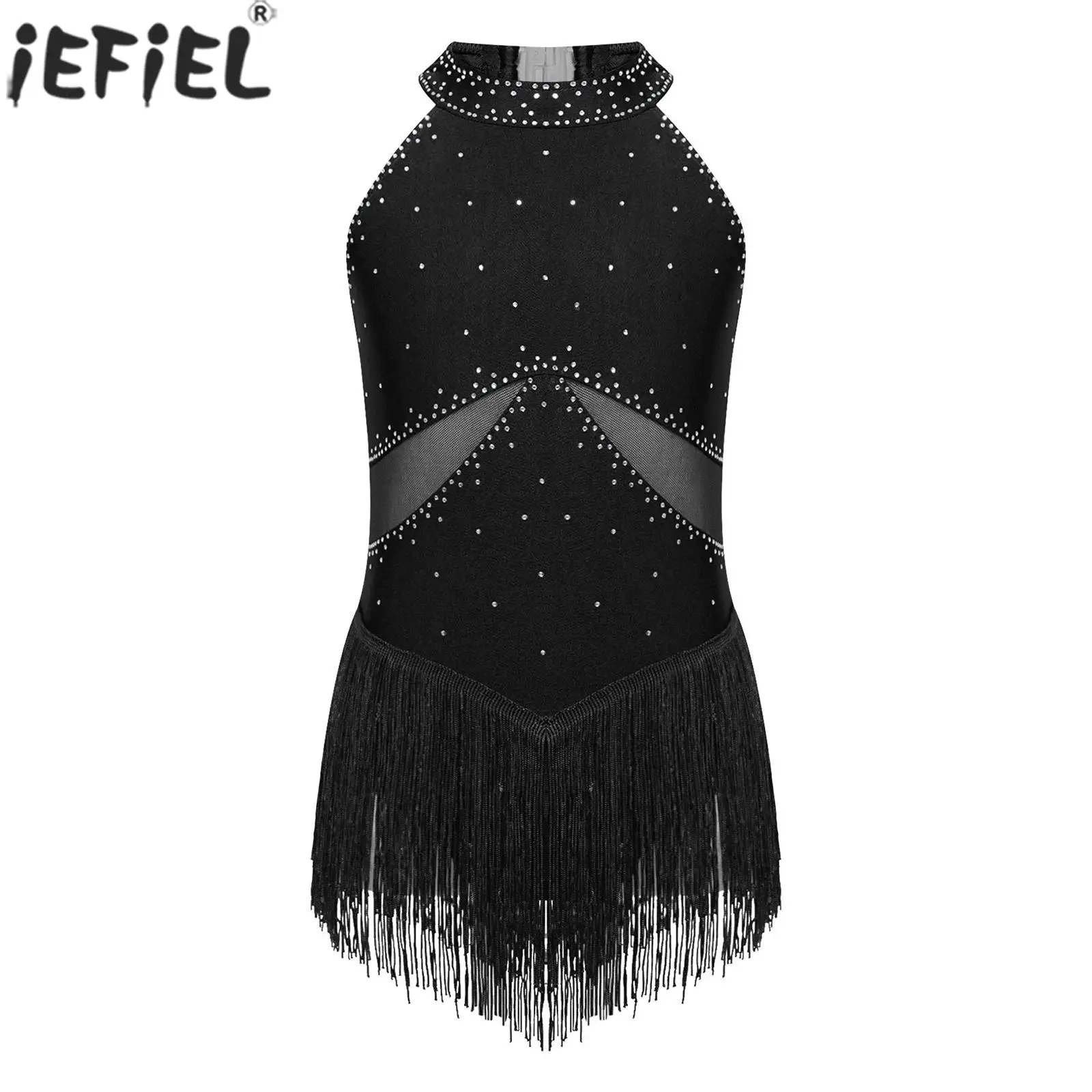 Children Girls Figure Skating Latin Dance Cha-Cha Samba Rumba Tango Leotard Dress Sleeveless Tassel Rhinestone Mesh Bodysuit