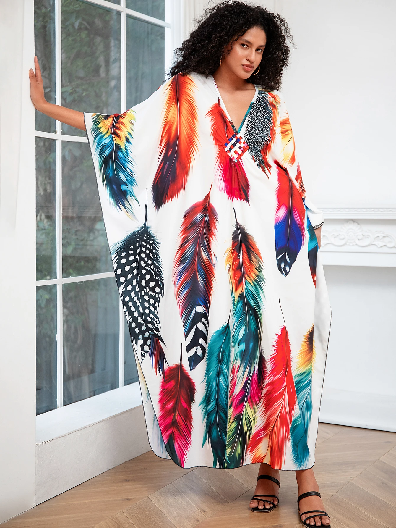 Bohomian Colorful Printed Long Sleeve Kaftan Dress Oversize Beach House Robe 2024 Summer Vacation Cozy Maxi Dresses Q1634