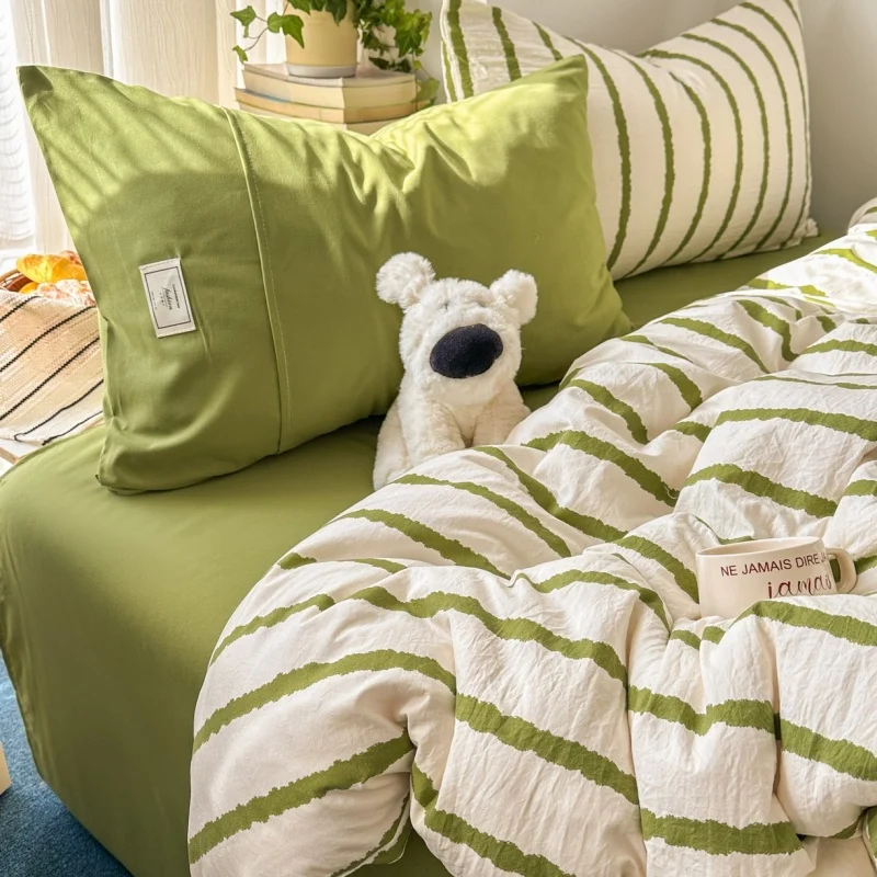 

2026 Simple Nordic Style Striped Duvet Cover Set+Flat Sheet Washed Cotton Bedding Set for Kids Adult Spring Summer Drop Shipping