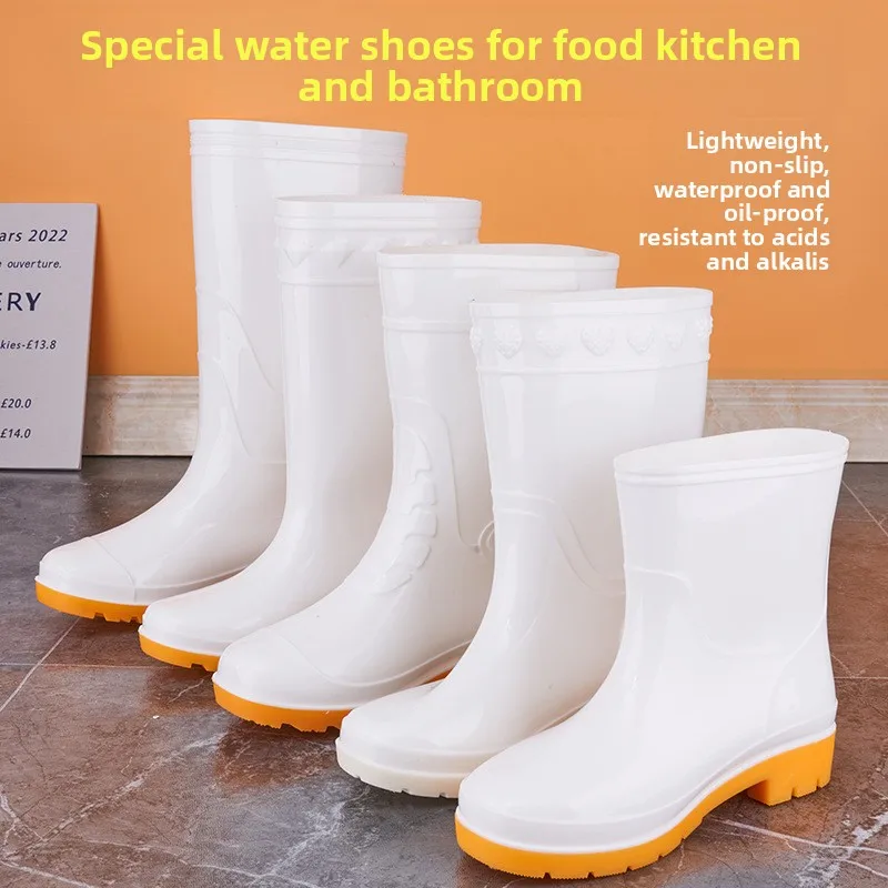 

White Men's Rain Boots Oil Resistant Anti-Slip Acid And Alkali Resistant Mid-Low High Tube Thiened Bull Tendon Bot Food ...