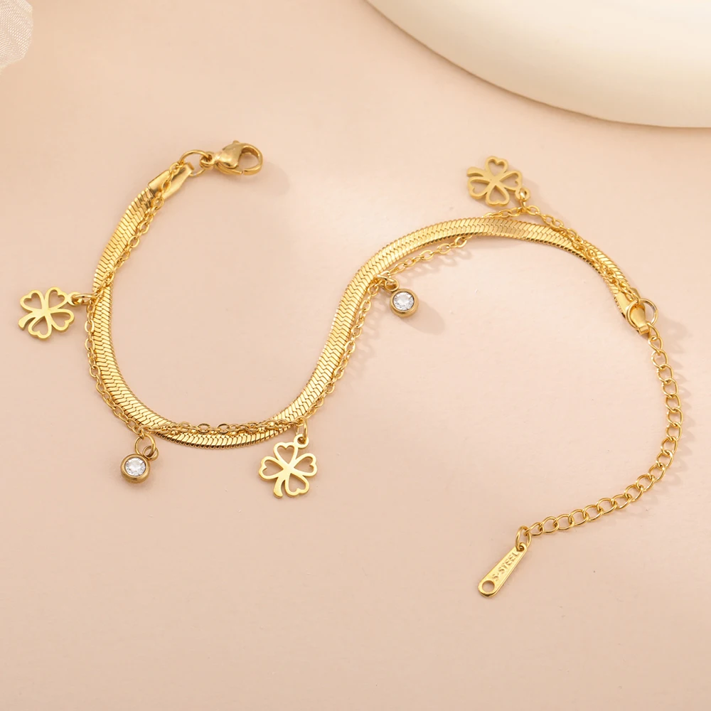 Dawapara Viel Glück Kleeblatt Armband Vierblättriges Kleeblatt Charms Schlangenkette 17 cm Armband Edelstahl Paar Schmuck – Detail 15