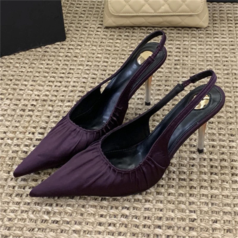 

Aneikeh Summer Pointed Toe Slingback Pumps Sandals Women Fashion Elegant Design Pleated Satin Sexy Thin High Heels Banquet Shoes