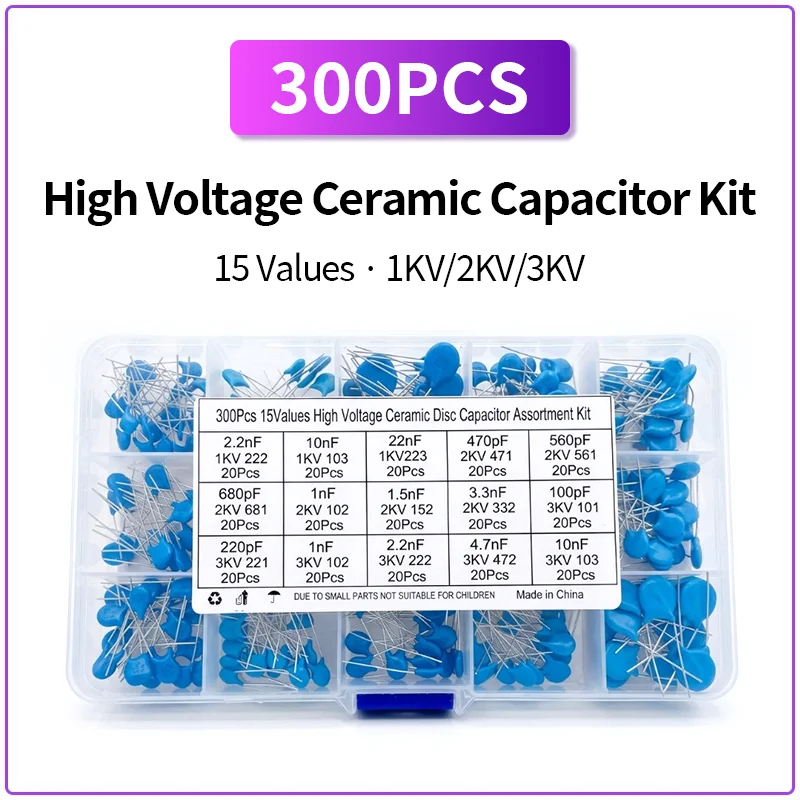 300PCS High Voltage Ceramic Capacitor Kit 15 Values 1KV 2KV 3KV Disc Ceramic Capacitor Assortment Box