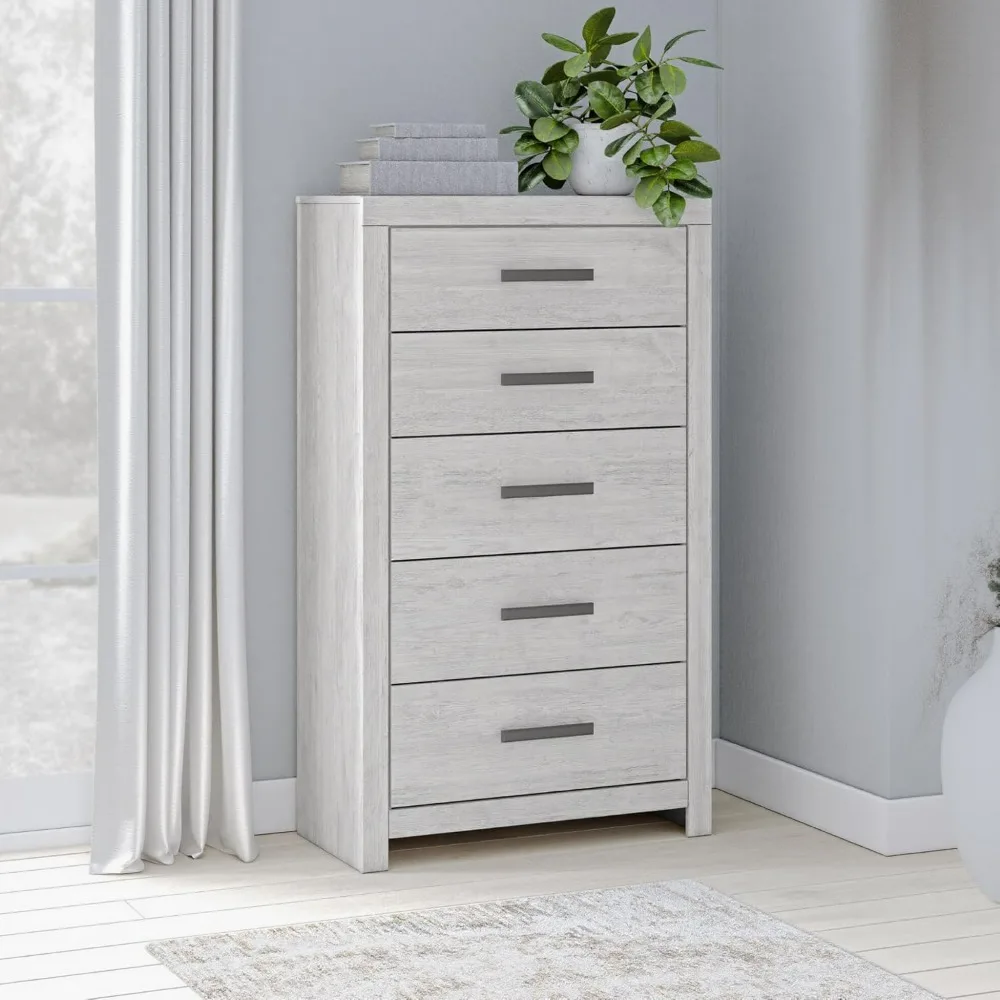 خزانة واسعة ذات 5 أدراج على الطراز العتيق مع آلية أمان لغرفة النوم، باللون الأبيض