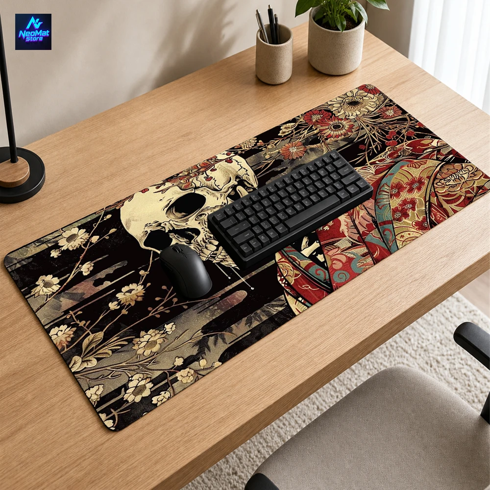 Gothic Japanese Desk Mat Gaming Office Blossom Red 90x40 XL Mousepad Cherry Skull Floral Traditional Art Accessories