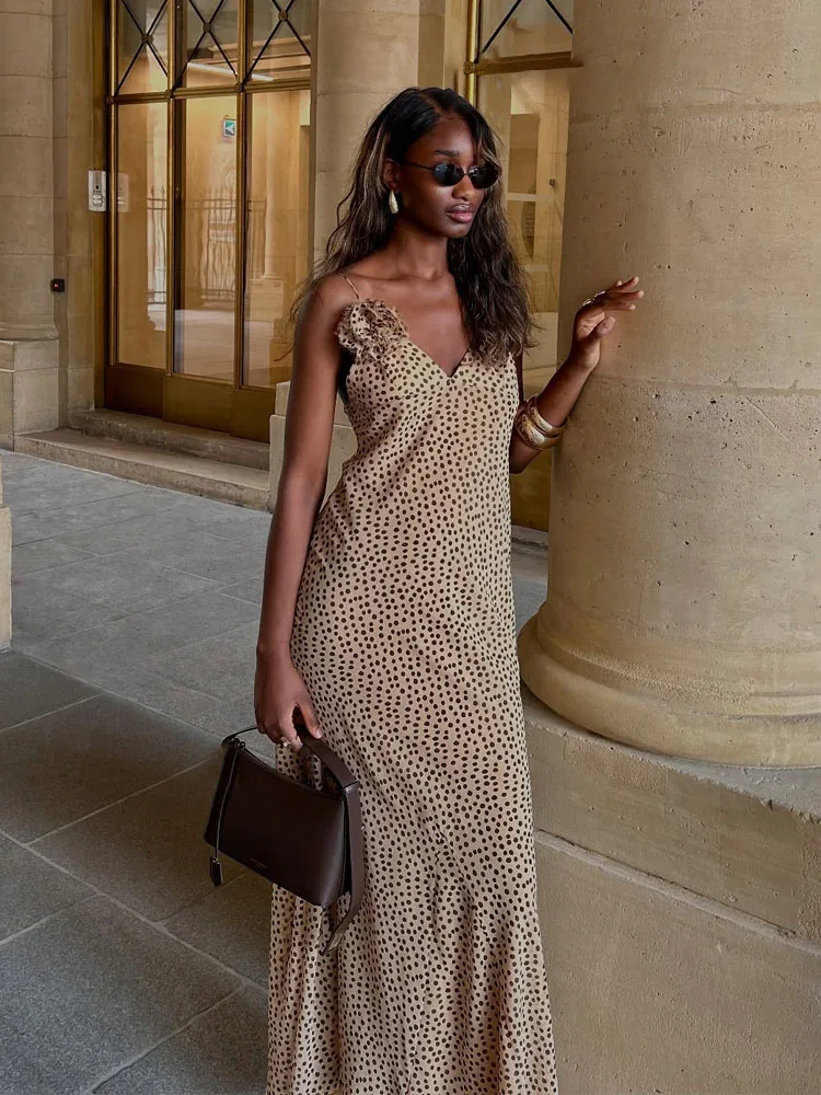 HH Female Temperament Zipper Slim Suspender Dress Women's Summer Fashion Sexy V-neck Flower Decoration Polka Dot Long Dress