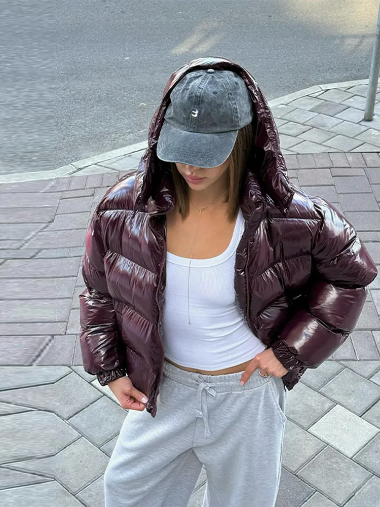 Kurze Glänzende Kapuzenjacke für Damen, Street-Style Stehkragen, Laternenärmel, Lose Passform, Modische Damenjacken, Neue Oberbekleidung – Detail 18