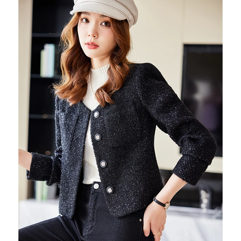 High Quality Luxury Korean 2023 Winter Autumn Women Tweed Jackets Single Breasted Long Sleeve Thick Jackets