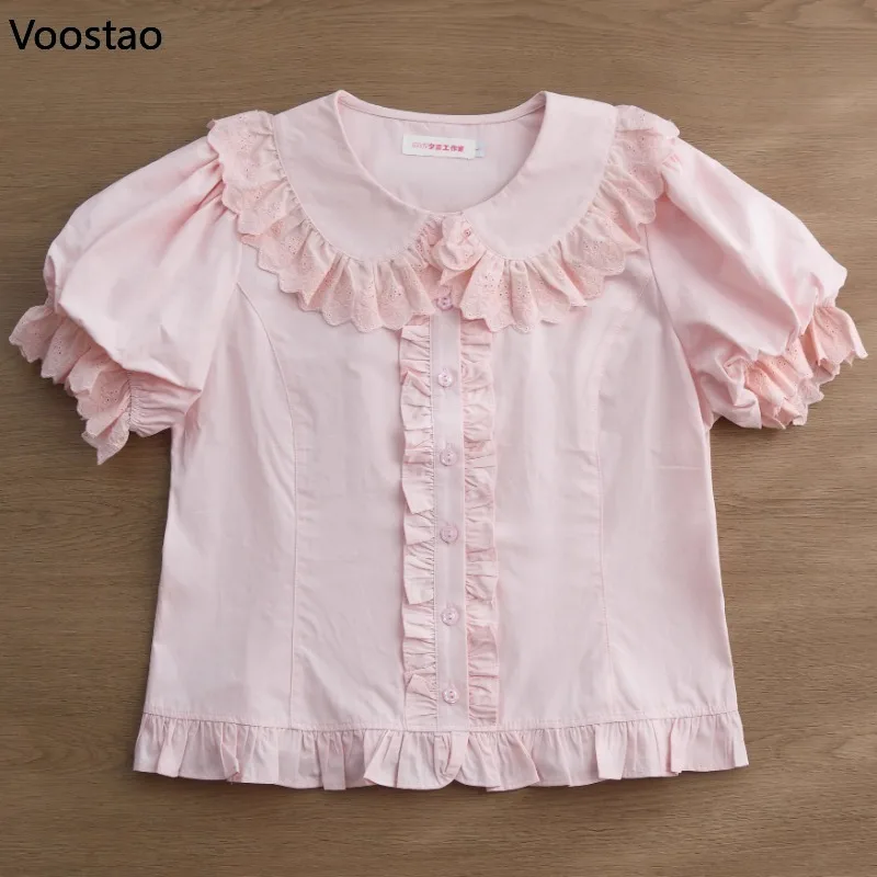 

Japanese Kawaii Lolita Shirts Women Vintage Sweet Y2k Lace Ruffles Peter Pan Collar Short Sleeve Blouses Girls Vintage Cute Tops