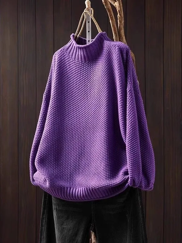 سترة محبوكة فضفاضة غير رسمية للنساء لخريف وشتاء ريترو فني Sle طويل Sve علوي بياقة عالية رفيع عادي #2