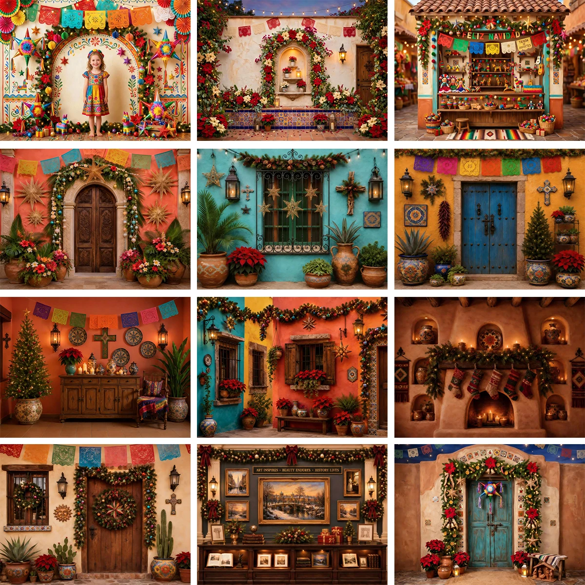 Mexican Christmas Fiesta Photography Backdrop Colorful Pinata Xmas Porch Holiday New Year Family Portrait Party Background
