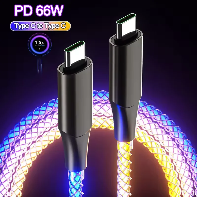 Câble de charge rapide USB-C vers USB-C 1M 66W avec lumière RGB lumineuse, cordon de données USB-A pour iPhone 15 16 Pro Huawei Samsung