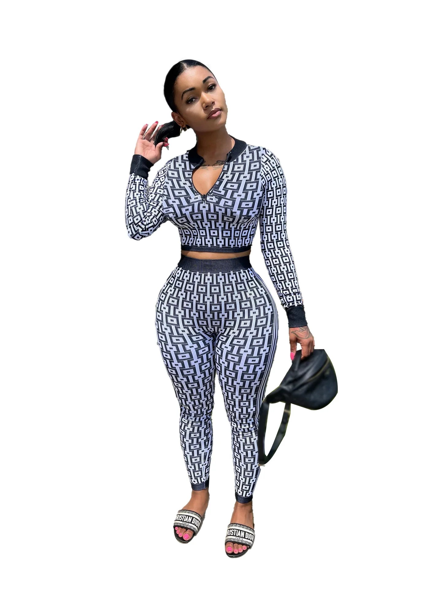 Autumn And Winter Women's Stretch Knitted Printed Women's Suit Long-sleeved Tight Sports Yoga Two-piece Set For Women - Image 5