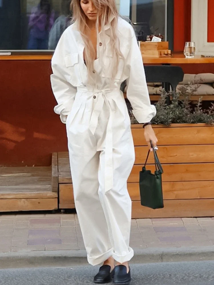 Spring Street Wear Casual Sashes Fashion Long Jumpsuits Women Loose Long Sleeve Lacing Single Breasted Overalls White Pants