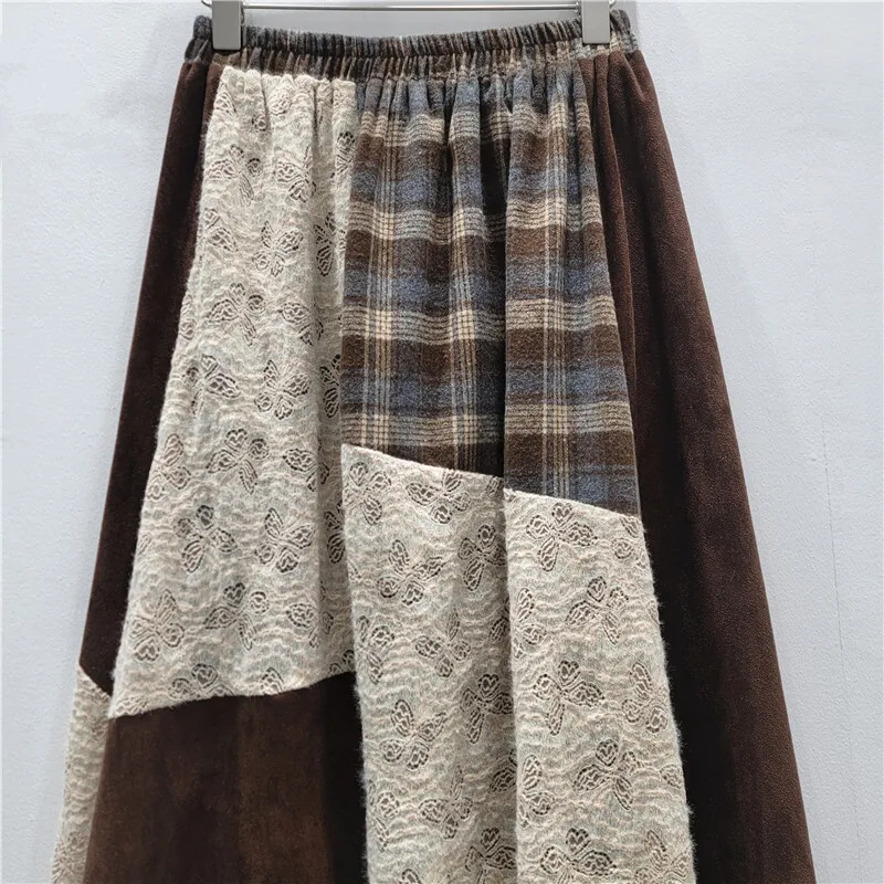 Spódnica damska HKSH Jesień Zima Nowa Kolekcja Blok Kolorów Asymetryczna Patchworkowa Koronka Ażurowa Szydełkowa Krata Plisowana Retro Spódnice w Stylu Ins HK14637