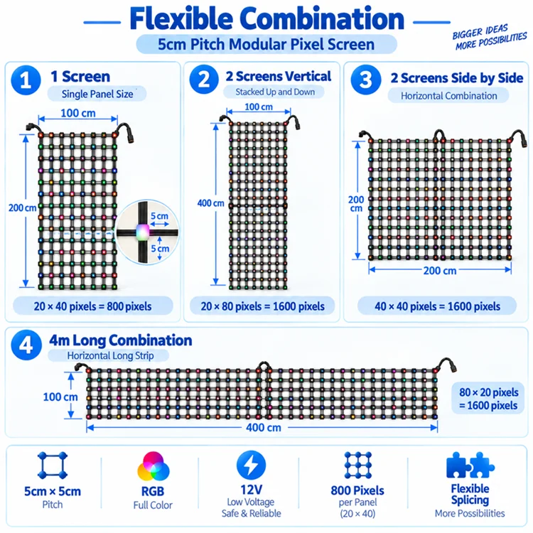 DC12V 5cm Spacing 1M (20 Pixels) * 2M (40 Pixels) Addressable RGB Intelligent Bold LED Pebble/Seed Flexible Matrix Grid Screen